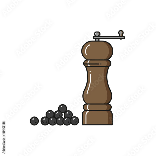 Wooden pepper grinder sits next to pile of peppercorns on white surface, simple and clean food preparation concept.