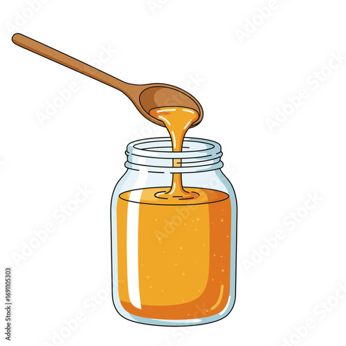 Honey pouring from wooden spoon into glass jar on white surface, creating a sweet and golden treat, perfect for breakfast or tea time delight.