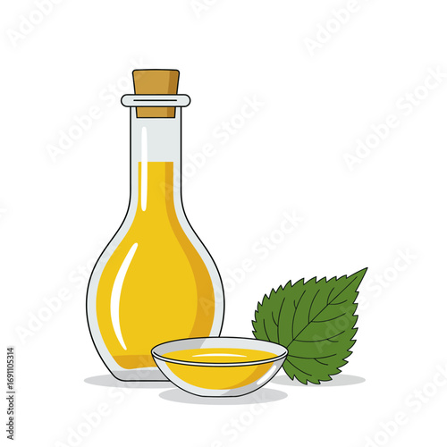 Bottle of golden oil sits beside a green leaf and small bowl, showcasing natural ingredients and healthy lifestyle, creating a fresh and organic vibe.