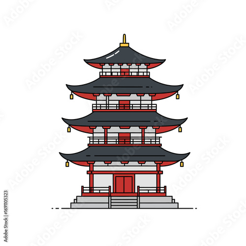 Traditional japanese pagoda stands tall against a white backdrop, showcasing its intricate architecture and cultural significance with clean lines and vibrant colors.