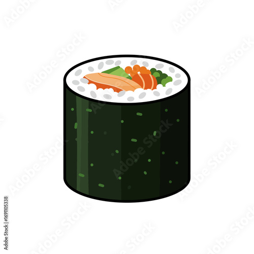 Single sushi roll with salmon and roe sits isolated against a white backdrop, showcasing the vibrant colors and textures of Japanese cuisine.