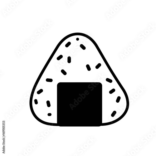Onigiri sits ready to eat with seaweed wrapper and sesame seeds on white surface, a simple and delicious Japanese snack.