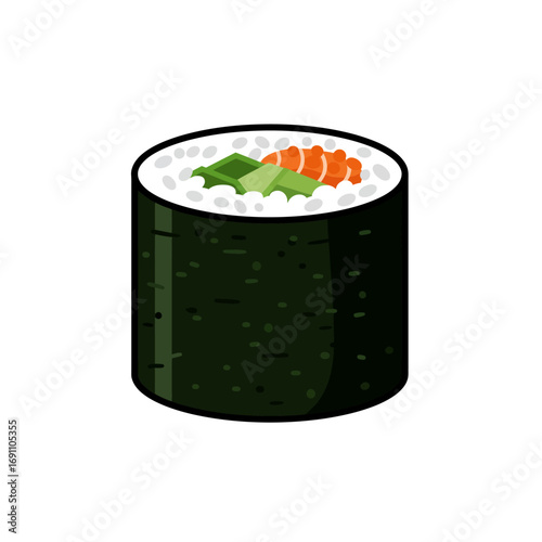 Sushi roll with seaweed and rice sits on a white surface, showcasing traditional Japanese cuisine and culinary art with a clean, minimalist aesthetic.