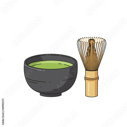 Matcha tea bowl sits beside a bamboo whisk on a white surface, showcasing traditional Japanese tea ceremony elements in a minimalist, elegant style.