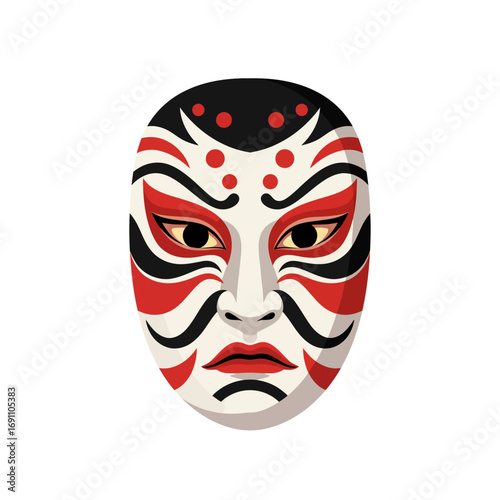 Kabuki mask represents a powerful deity with bold red and black lines against a white face, evoking drama and tradition in Japanese culture.