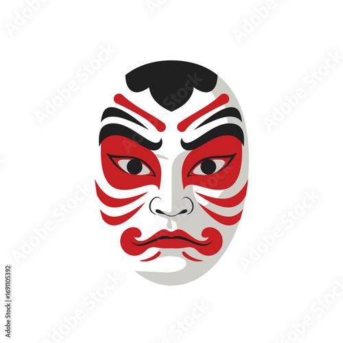 Traditional japanese noh mask with red and black markings conveying emotion and cultural significance on a white backdrop, evoking mystery and artistry.