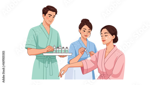 Stylized illustration of a woman applying makeup with a brush seated in a chair with a makeup case and lipstick on a table