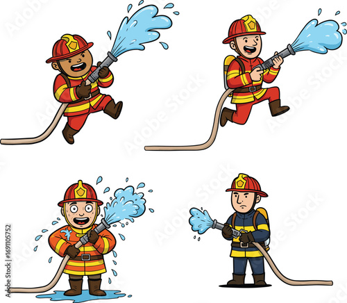 Cartoon firefighter characters spraying water from hose, wearing protective uniforms and helmets, dynamic emergency rescue action, fire safety vector illustrations and fireman hero concept