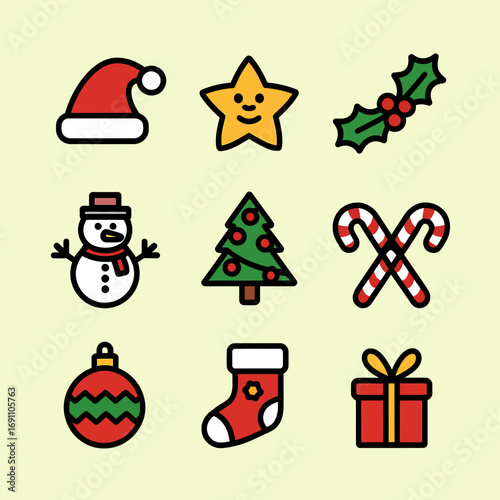 Vector art of collection of nine colorful christmas icons including a santa hat, star, holly, snowman, tree, candy canes, ornament, stocking, and gift box on a light yellow background