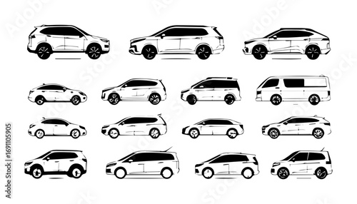 Variety of Modern Vehicle Silhouettes in Monochrome