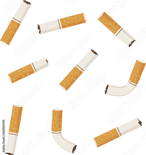 Cigarette butt vector illustration showing used broken cigarettes, tobacco waste, smoking addiction concept, unhealthy lifestyle design for health, pollution, awareness