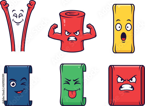 Cartoon yoga mats and resistance bands with cute and funny faces, colorful fitness vector characters for gym, workout, training, and health illustrations