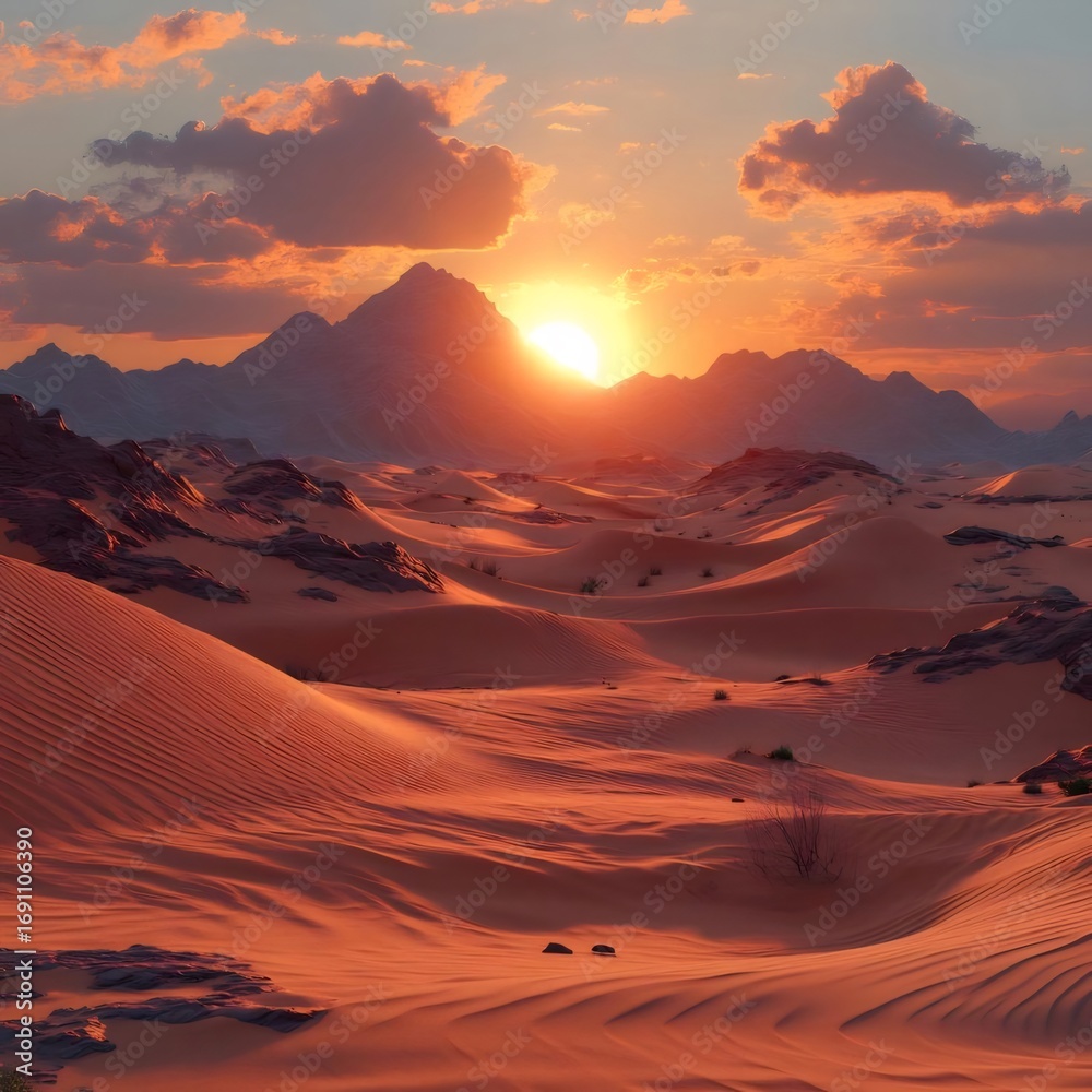 Naklejka premium 黄金の砂漠に沈む夕日 山々と雲の上の太陽の輝き 砂漠の風景の夕暮れ時の砂丘