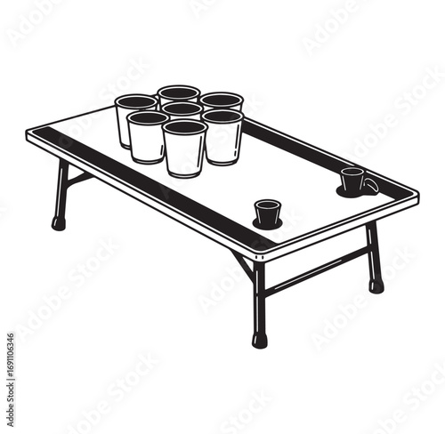 Simple black and white illustration of a beer pong table with cups and a mug