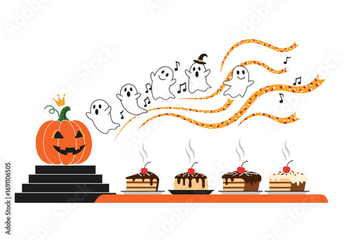 Spooky ghost carolers sing halloween songs above delicious desserts on a stage