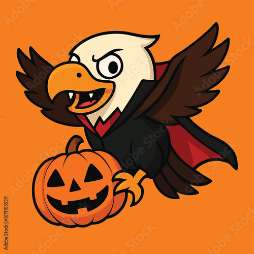 Vector art of cartoon eagle dressed as dracula with a jackolantern, celebrating halloween with spooky fun and festive spirit