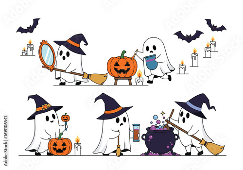 Spooky halloween ghosts having fun preparing decorations and potions for the holiday