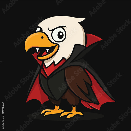 Vector art of cute cartoon eagle dressed as a vampire with a black cape and red lining, standing against a dark background