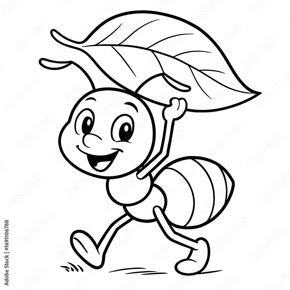 Fototapeta premium Cheerful cartoon ant carrying a leaf while walking - Concept of coloring page concept 