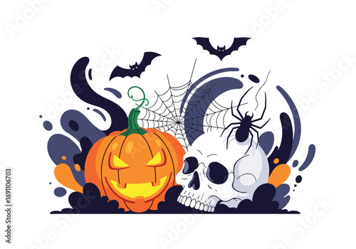 Spooky halloween pumpkin skull bat spider web moon decoration concept