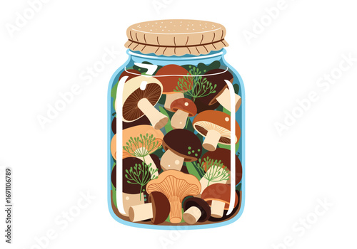 Delicious assorted mushrooms preserved in a clear glass jar with a textured lid