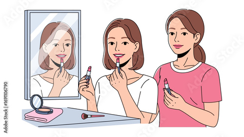A professional collection of makeup brushes and eyeshadow palette alongside vibrant red lipsticks displayed against a clean white background for beauty and cosmetic advertising