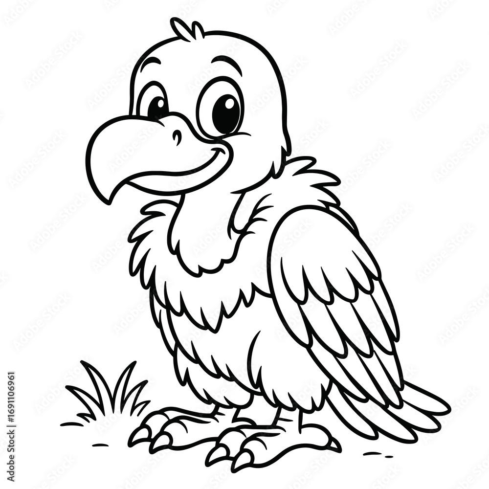 Fototapeta premium Cartoon vulture standing in grass against a white background, coloring page concept 