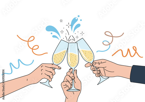 People raising champagne glasses in celebration toasting with sparkling wine
