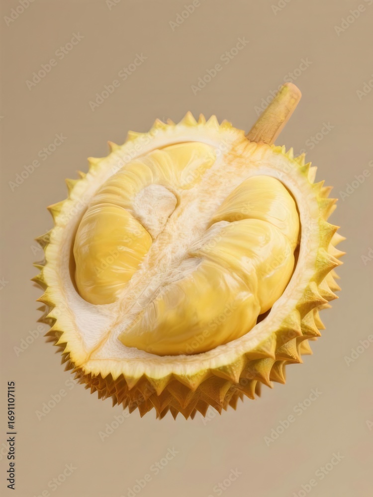 Obraz premium ハーフカットされたとげとげのドリアンは、淡いアプリコット色の背景に黄色がかった白い果肉を見せています