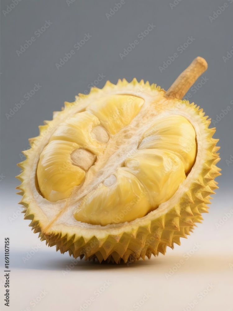 Obraz premium カットされたドリアン果実 クリーミーな黄色の果肉と質感のある棘の殻 グレーがかった背景
