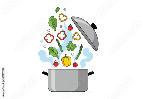 Fresh vegetables being cooked in a pot with steam rising upward