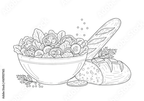 Healthy and delicious meal with fresh ingredients and crusty bread served in a bowl