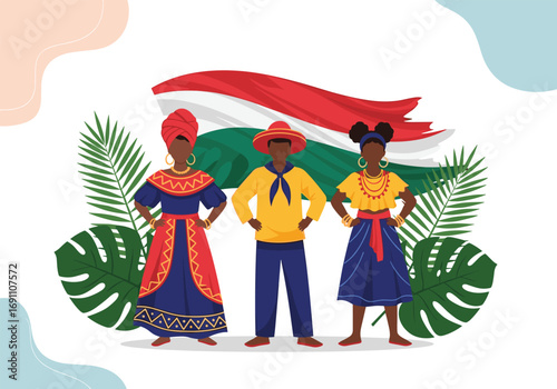 People standing together against a flag and tropical leaves representing unity diversity and cultural heritage