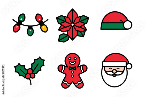 Vector art of set of six christmas icons featuring santa claus, gingerbread man, holly, poinsettia, and string lights