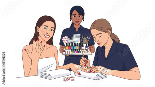 Young woman sitting in a salon chair wearing a cape while a hairdresser cuts her hair with scissors and a comb