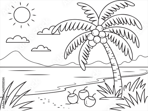 Black-and-white beach landscape with a palm tree, coconuts, and distant mountains