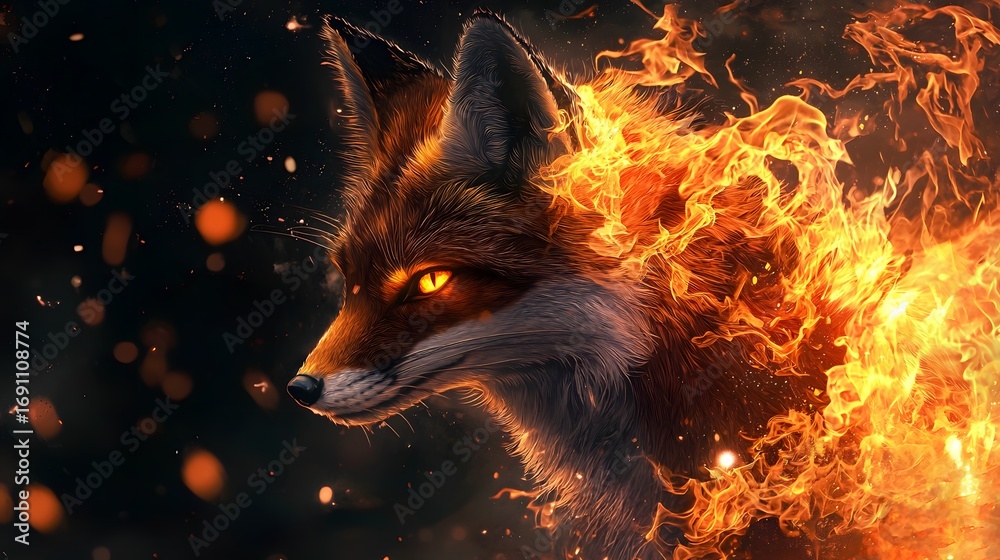 Fototapeta premium Fiery Fox A Digital Illustration of a Fantasy Fox with a Majestic Presence, Emanating Flames and Captivating Eyes, a Realm of Magic