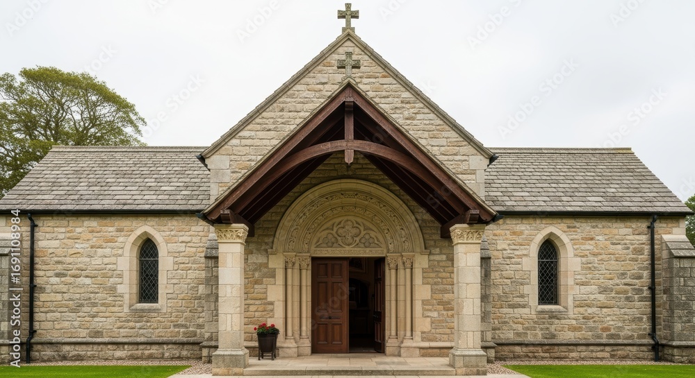 Fototapeta premium Historic stone church facade with arched wooden entrance and cross in tranquil setting