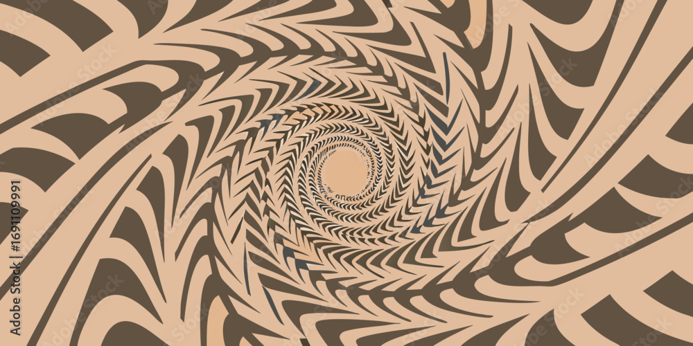 Abstract optical illusion with swirling brown and beige patterns creating a vortex effect design art
