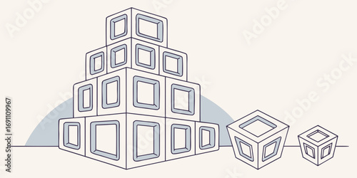 Illustration of a pyramid made of hollow cubes with two additional cubes on the side in light colors