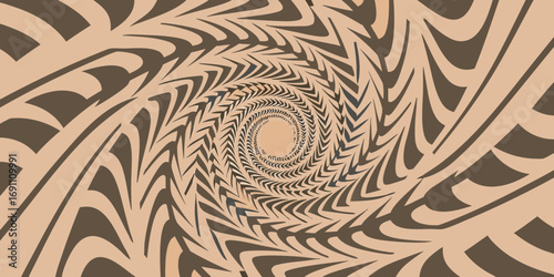 Abstract optical illusion with swirling brown and beige patterns creating a vortex effect design art