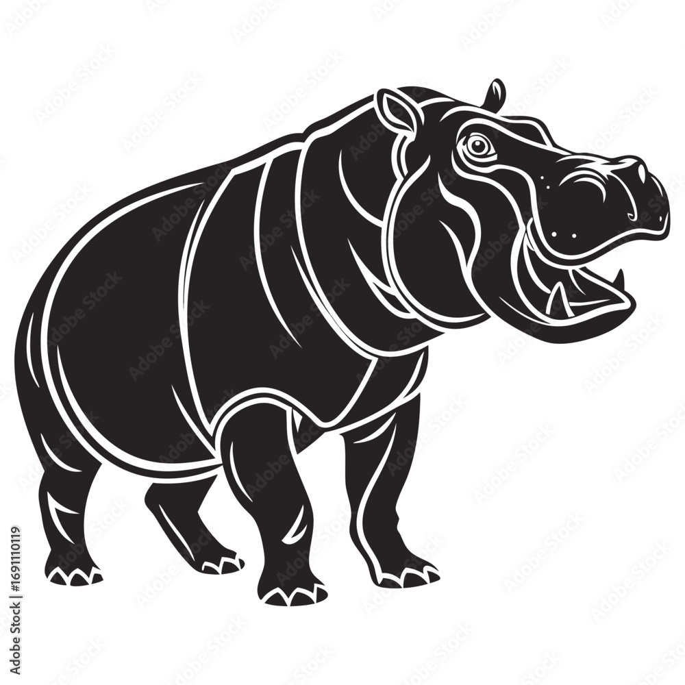 Obraz premium Black and White Hippopotamus Vector Illustration.