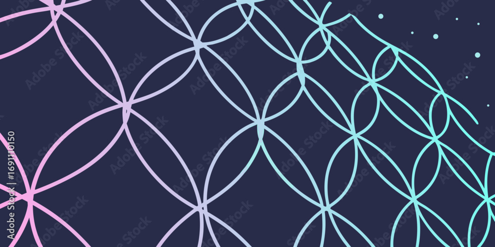 Fototapeta premium Overlapping circles in gradient colors on a dark background with scattered dots in the corner