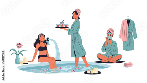 Young woman applying lipstick with a mirror while an older woman holds makeup brushes and a compact learning and teaching beauty skills