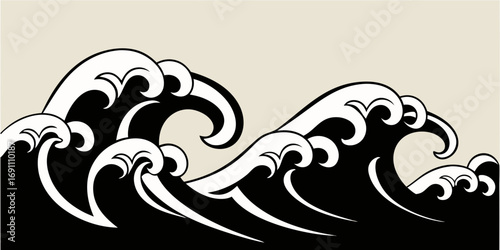Stylized black and white waves pattern with curling crests and a light background creating a serene scene