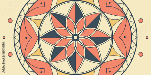 Circular design with floral and geometric elements in peach yellow and navy color palette forming a pattern