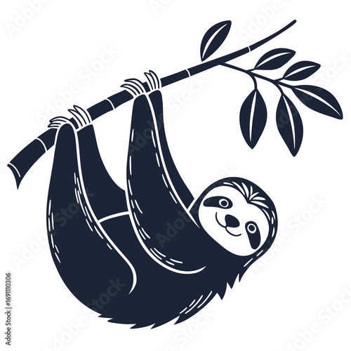 Cute Sloth Hanging on Tree Branch Illustration.