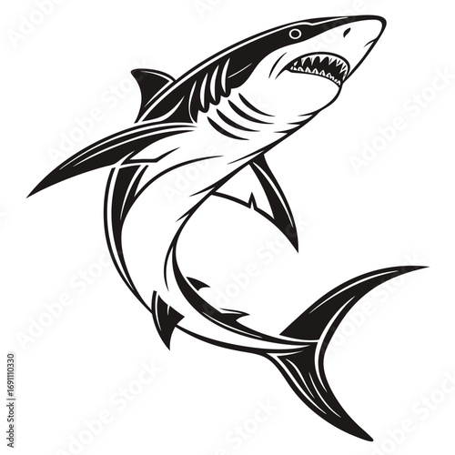 Dynamic Black and White Shark Illustration with Open Mouth.