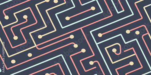 Abstract network pattern with interconnected lines and nodes in pastel colors on a dark background design