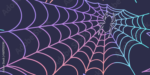 Spiderweb with a white spider and a purple and blue gradient on a dark blue background design art